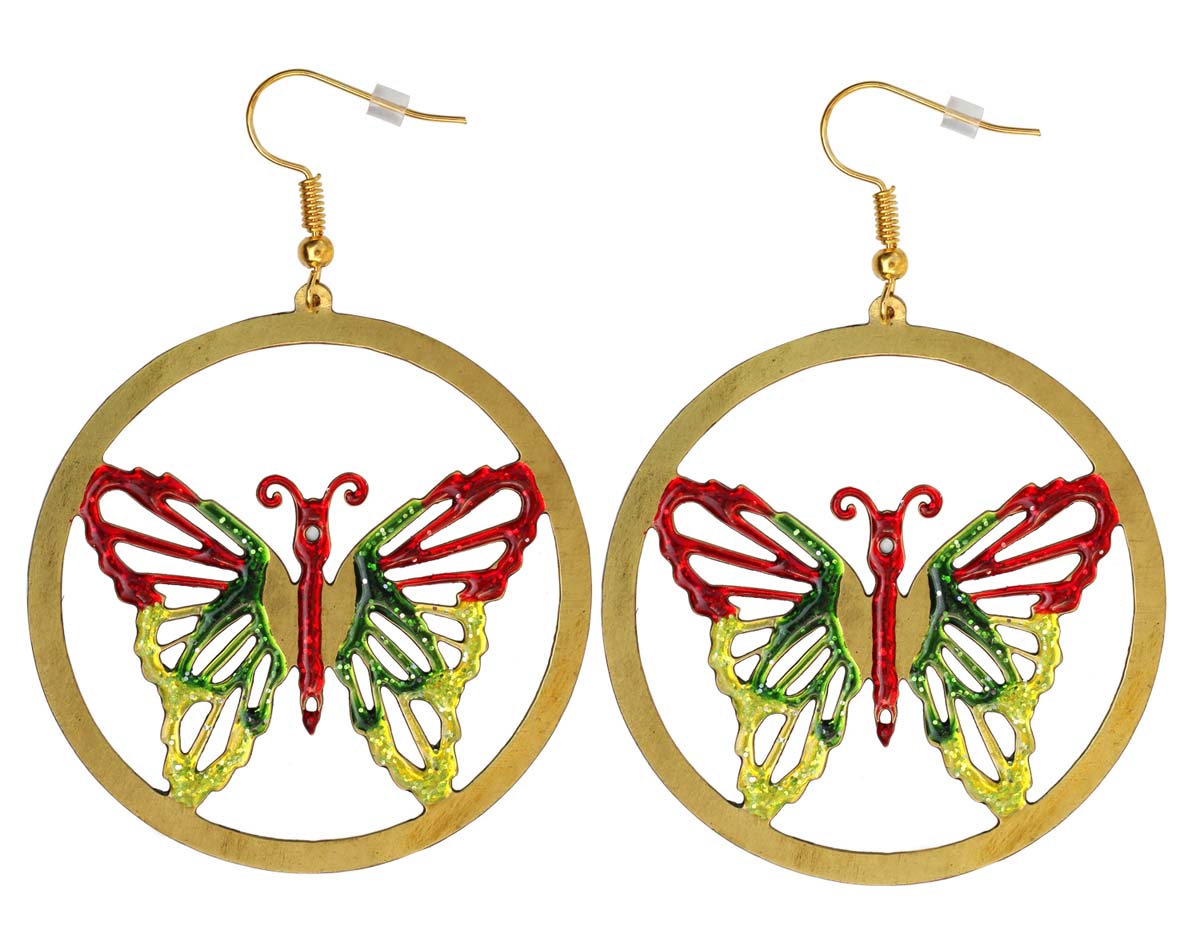 2.5” Butterfly Brass Hook Earrings with Colorful Pattern - Drop Earrings / Accessories for Her 2.5” Butterfly Brass Hook Earrings with Colorful Enameled Pattern - Drop Earrings / Accessories for Her - Buy in Bulk Wholesale